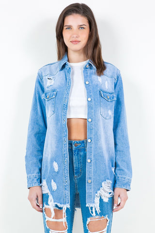 American Bazi Frayed Hem Distressed Denim Shirt Jacket Trendsi