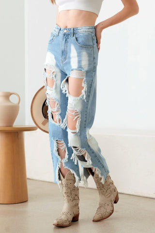 Litz La Frayed Cut Distressed Jeans Trendsi