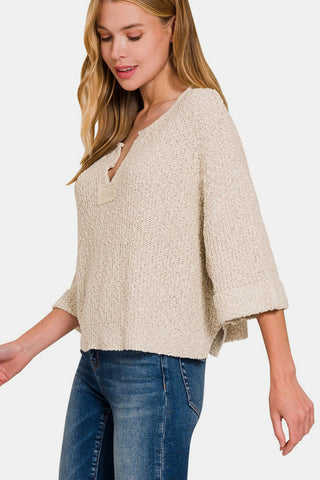 Zenana Notched Side Slit Patch Sweater Trendsi