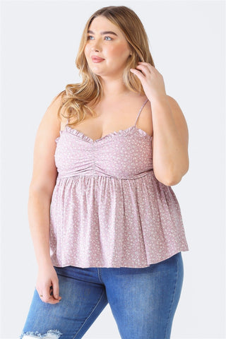 Zenobia Plus Size Frill Smocked Floral Sweetheart Neck Cami Trendsi