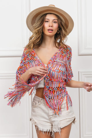 BiBi Open Front Fringed Crop Knit Cardigan Trendsi