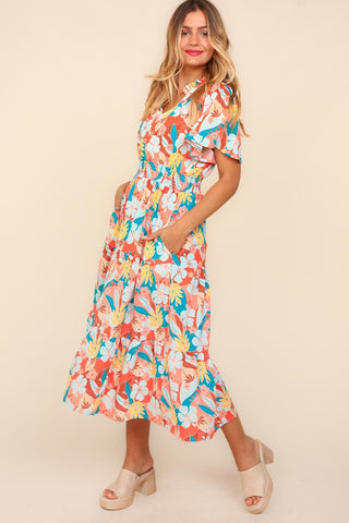 Haptics Full Size Tropical Floral Tiered Dress with Side Pockets Trendsi