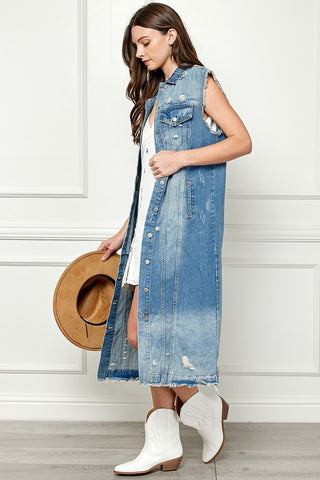 Veveret Full Size Distressed Sleeveless Longline Denim Jacket Trendsi