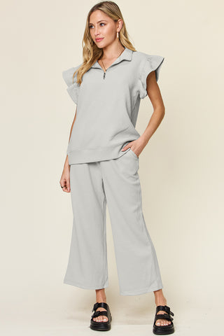 Double Take Texture Ruffle Short Sleeve Top and Drawstring Wide Leg Pants Set Trendsi