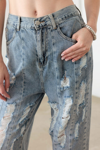 Litz La Washed Barrel Leg High Waist Distressed Jeans Trendsi