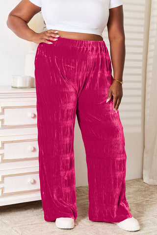 Double Take Full Size High Waist Tiered Shirring Velvet Wide Leg Pants Trendsi