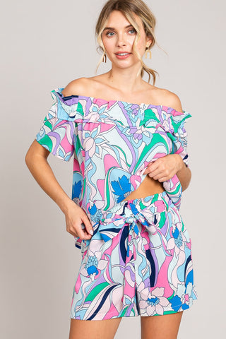 Cotton Bleu by Nu Label Abstracted Print Tie Front Shorts Trendsi