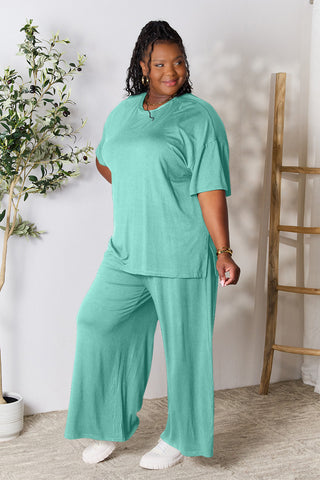 Double Take Full Size Round Neck Slit Top and Pants Set Trendsi