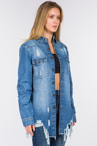 American Bazi Distressed Frayed Hem Denim Jacket Trendsi