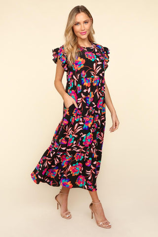 Haptics Ruffled Printed Round Neck Cap Sleeve Dress Trendsi