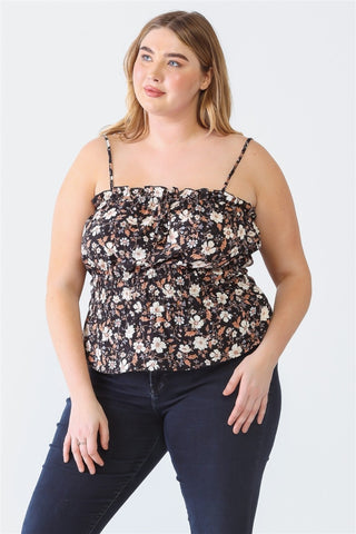 Zenobia Plus Size Frill Floral Square Neck Cami Trendsi