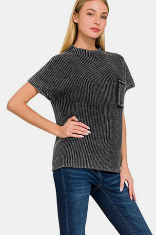 Zenana Pocketed Mock Neck Short Sleeve Sweater Trendsi