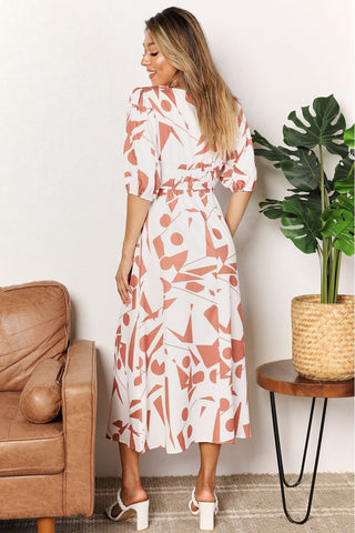 Printed Surplice Balloon Sleeve Dress Trendsi