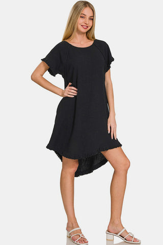 Zenana Fringe Edge High Low Flowy Dress with Pockets Trendsi