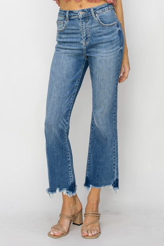 RISEN High Waist Raw Hem Flare Jeans Trendsi