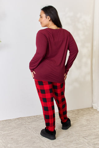 Zenana Full Size Plaid Round Neck Top and Pants Pajama Set Trendsi