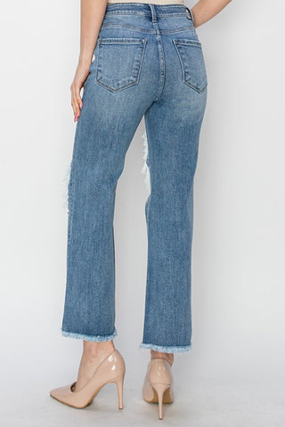 RISEN High Rise Distressed Crop Straight Jeans Trendsi