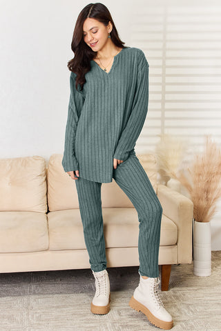 Basic Bae Full Size Notched Long Sleeve Top and Pants Set Trendsi