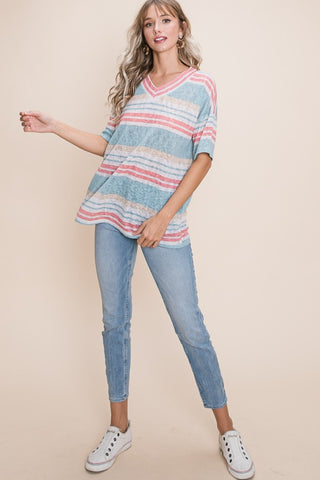 BOMBOM V-Neck Striped Knit Top Trendsi