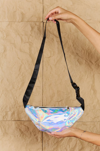 Fame Good Vibrations Holographic Double Zipper Fanny Pack in Silver Trendsi