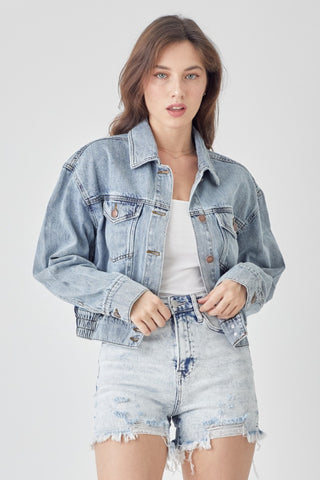 RISEN Full Size Button Down Cropped Denim Jacket Trendsi