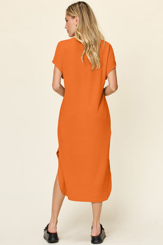 Double Take Full Size Round Neck Short Sleeve Slit Dress Trendsi