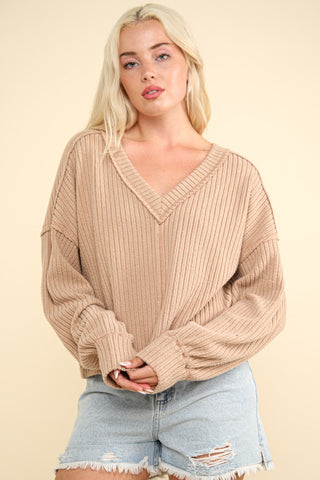 VERY J Exposed Seam V-Neck Ribbed Knit Top Trendsi