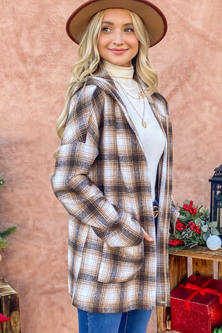 And The Why Plaid Open Front Hooded Shacket Trendsi