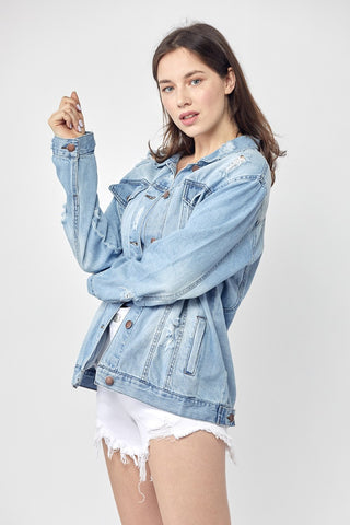 RISEN Full Size Distressed Long Sleeve Denim Jacket Trendsi