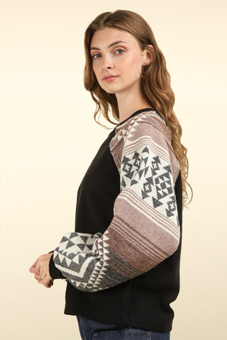 VERY J Printed Long Sleeve Round Neck Knit Top Trendsi