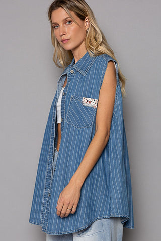 POL Button Down Sleeveless Striped Denim Shirt Trendsi