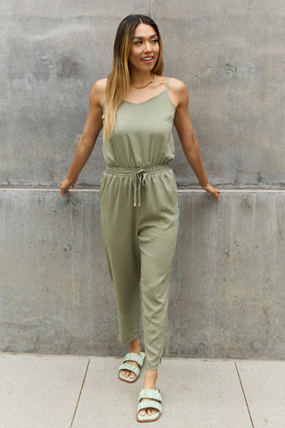 ODDI Full Size Textured Woven Jumpsuit in Sage Trendsi