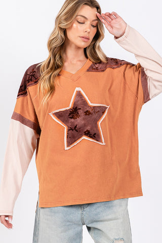 SAGE + FIG Star Patch Long Sleeve Color Block T-Shirt Trendsi