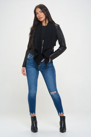 Coalition LA Knit Collared Faux Leather Crop Jacket Trendsi