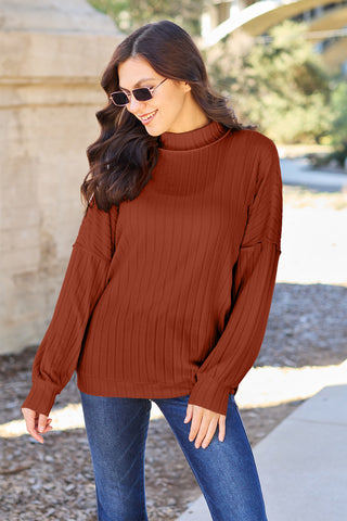 Basic Bae Full Size Ribbed Exposed Seam Mock Neck Knit Top Trendsi