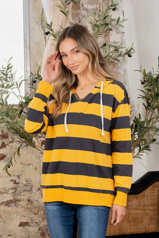 Full Size Drawstring Striped Long Sleeve Hoodie Trendsi