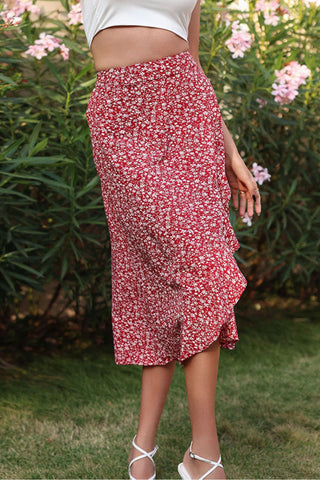 Perfee Ditsy Floral Asymmetrical Ruffled Skirt Trendsi