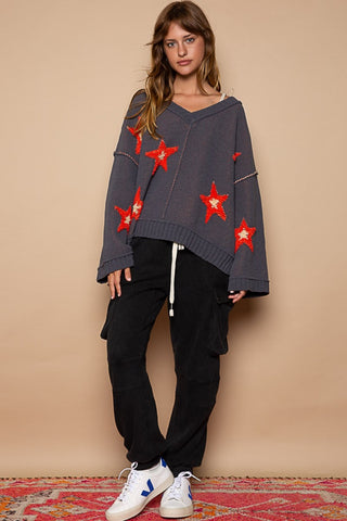 POL Long Sleeve Star Patch Sweater Trendsi