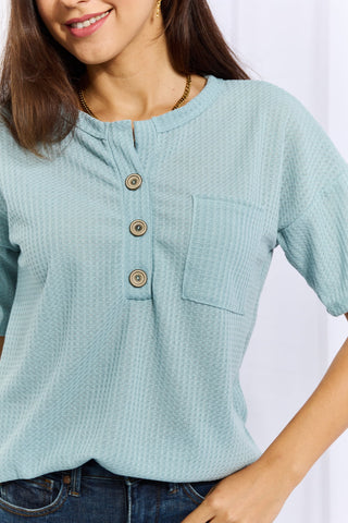 Heimish Made For You Full Size 1/4 Button Down Waffle Top in Blue Trendsi