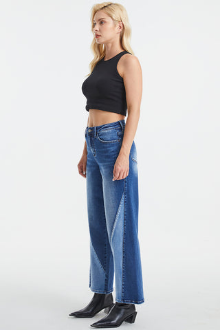 BAYEAS Full Size High Waist Two-Tones Patched Wide Leg Jeans Trendsi