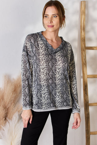 Hailey & Co Full Size Snakeskin V-Neck Long Sleeve Top Trendsi