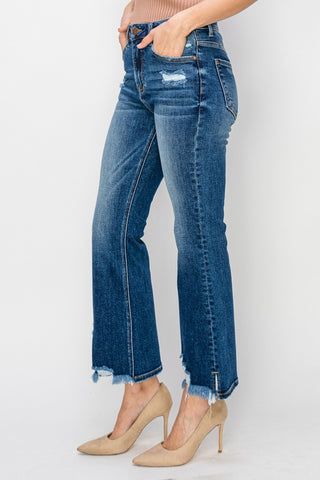 RISEN High Waist Raw Hem Flare Jeans Trendsi