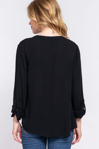 ACTIVE BASIC Full Size Notched Long Sleeve Woven Top Trendsi