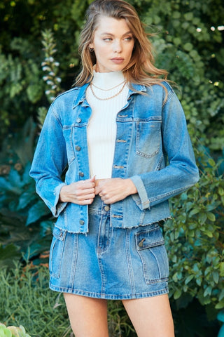 Veveret Button Up Raw Hem Denim Jacket Trendsi