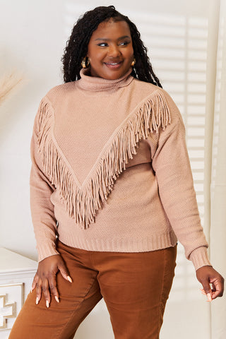 Woven Right Turtleneck Fringe Front Long Sleeve Sweater Trendsi