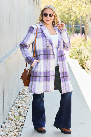 Double Take Full Size Plaid Button Up Lapel Collar Coat Trendsi