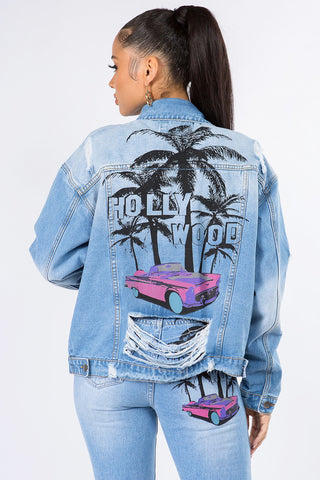 American Bazi Graphic Distressed Long Sleeve Denim Jacket Trendsi