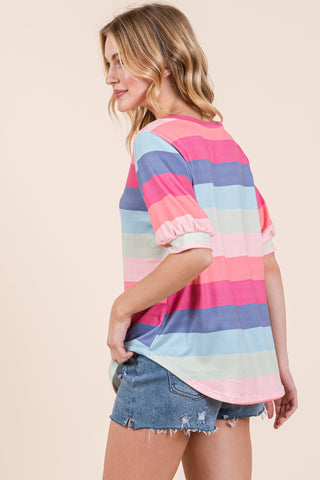 BOMBOM Striped Round Neck Half Sleeve T-Shirt Trendsi