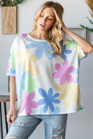 HOPELY Floral Round Neck Waffle T-Shirt Trendsi