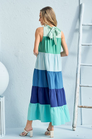 Hailey & Co Color Block Sleeveless Tiered Maxi Dress Trendsi